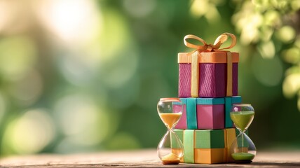 Stack of colorful christmas gift boxes with satin ribbons next to an hourglass, festive holiday presents with soft green bokeh background, seasonal decorations for winter celebrations