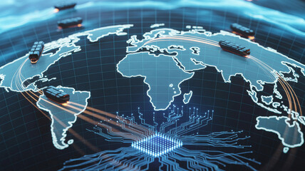Global logistics network concept with shipping containers traversing continents, powered by technology, showcasing worldwide trade and supply chain efficiency