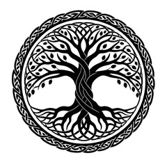 A black silhouette illustration of the Tree of Life, featuring intricately interwoven roots and branches enclosed within a circular Celtic knotwork border