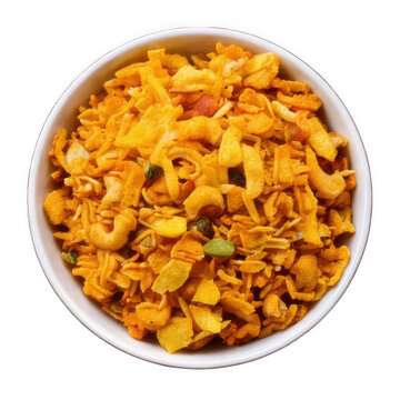 Dalmoth namkeen snacks in white decorated bowl.