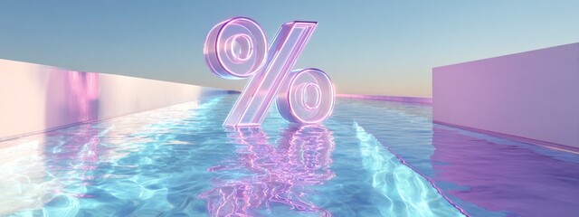 crystal clear glass percent symbol floating in a modern swimming pool with blue water and pink reflections, concept of finance, savings and summer lifestyle. banner 