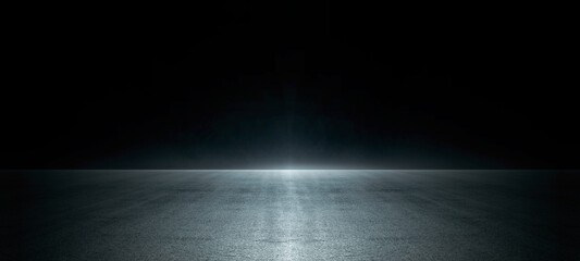 Naklejka premium Empty dark asphalt street with tire track and skyline at night fog background. Highway or airport runway scene with smoke mist, perfect for Halloween, product display, or racing sports event design.