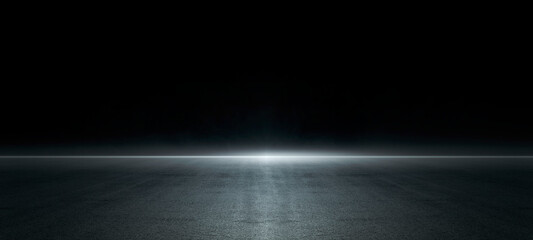 Empty dark asphalt street with tire track skyline at night fog background. Highway or airport runway scene with smoke and mist, perfect for Halloween, product display, or racing sports event design.