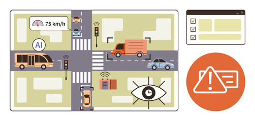 Urban street with AI, vehicles, traffic signals, alert icons, and tech interfaces displaying monitoring. Ideal for traffic control, automation, AI safety urban planning IoT smart cities. Simple