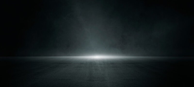 Empty dark asphalt floor and road with tire track, fog, and neon spotlights on skyline night background. Abstract smoke scene for Halloween, concert stage, sports arena, or product display background.