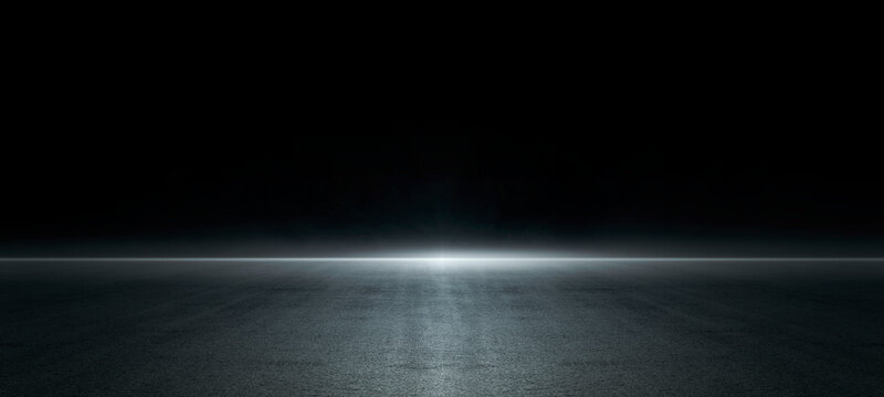 Empty dark asphalt street with tire track skyline at night fog background. Highway or airport runway scene with smoke and mist, perfect for Halloween, product display, or racing sports event design.