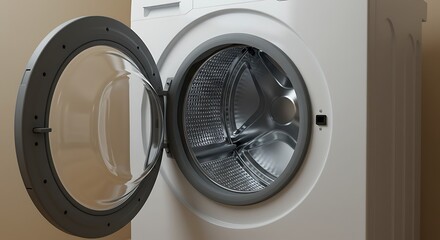 Modern white front loading washing machine with open door.