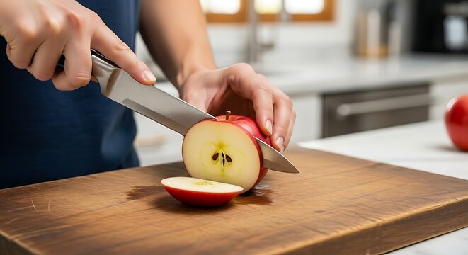 Close-up of hands slicing a fresh red apple on a wooden cutting board in a kitchen. - Powered by Adobe