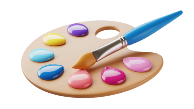 Artist s wooden palette with colorful blobs of paint and a blue handled brush isolated on transparent background