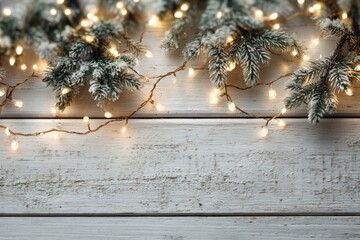 Evergreen branches adorned with warm fairy lights on a rustic wooden surface, creating a cozy and festive atmosphere for holiday celebrations and winter gatherings