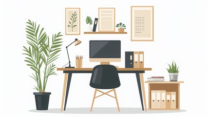 Modern workspace featuring a desk, computer, plants, and decorative wall art.