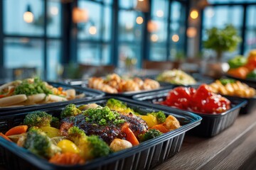 Obraz premium Colorful assortment of delicious meals in black containers, featuring vibrant vegetables, sauces, and grains, beautifully arranged on a wooden table in a cozy dining environment