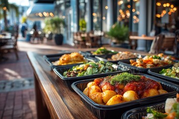 Delicious assortment of gourmet meals in black containers displayed on wooden table outdoors, showcasing vibrant colors and textures in a lively dining atmosphere