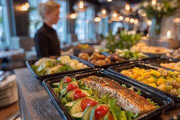 Obraz premium Female chef preparing gourmet dishes in a modern restaurant, showcasing beautifully arranged food platters with fresh ingredients and vibrant colors, emphasizing culinary artistry and presentation