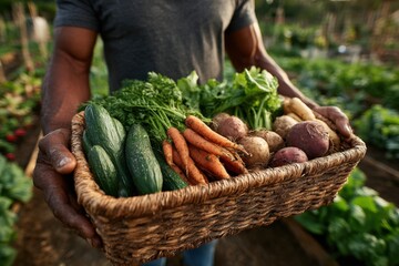 Individual holding a woven basket filled with fresh vegetables including cucumbers, carrots, and potatoes, surrounded by a vibrant garden showcasing healthy produce and greenery