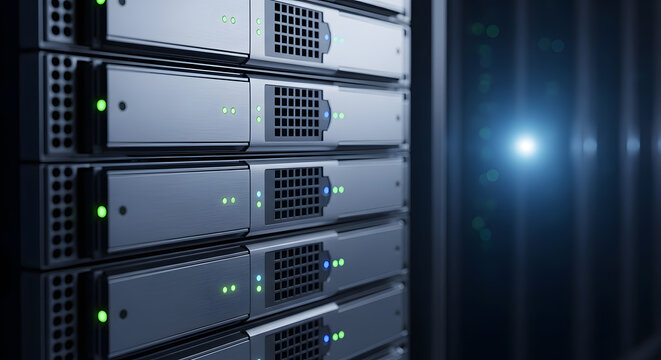 Close up of a server rack with glowing lights indicating activity in a data center environment