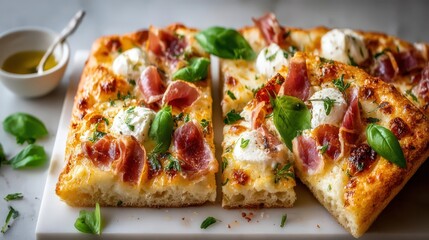 Tarte flambee pieces topped with ham, fresh basil, cheese