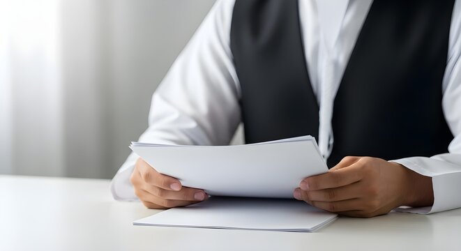 Business professional reading report document in formal office attire
