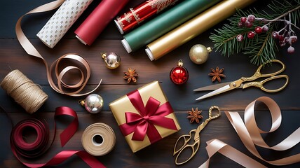 flat lay of various christmas-themed items arranged on a dark, textured surface created with generative ai