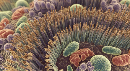 Microscopic view of cells with cilia and various bacteria in different shapes and colors on a surface