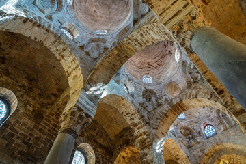 Upward view of medieval domes and vaults in San Cataldo Church, Palermo, Sicily