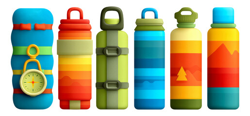Colorful Collection of Isolated Water Bottles with Various Shapes and Designs