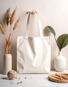 Eco-friendly white tote bag mockup hanging on a hook in a minimalist still life scene with bohemian decor for custom design presentation
