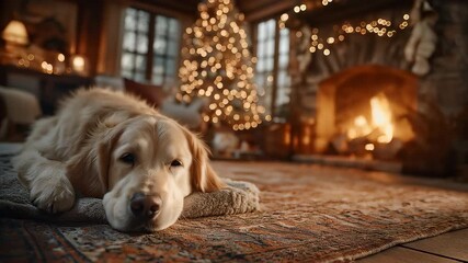 A cozy living room golden retriever by christma tree and fireplace with warm light holiday decor soft rug sleepy dog winter evening peaceful home rustic cabin festive calm atmosphere gentle glow c - Powered by Adobe