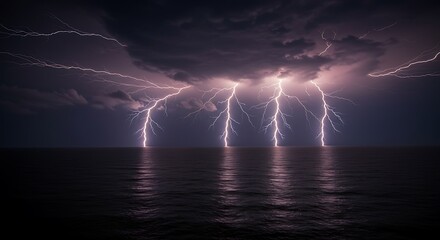 Dramatic Nighttime Thunderstorm with Multiple Lightning Strikes Over the Ocean.