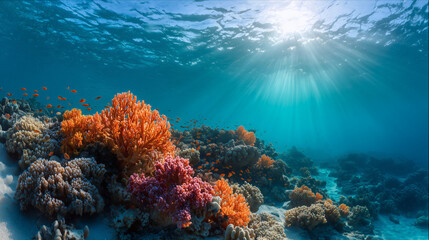 Obraz premium Sunlight shines through the water surface onto the corals and fish on the seabed