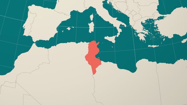 Tunisia map. Animated zoom into the country on the Globe in Teal Pale Mint color palette. Country logo animation. Map with meridians, parallels. Elegant video.
