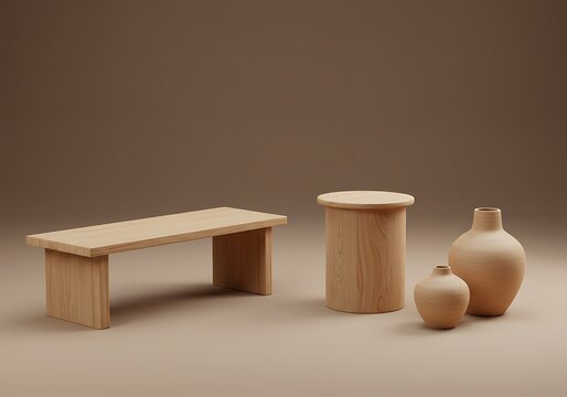Minimalist Wooden Objects - Bench, Stool, and Vases on Neutral Background.