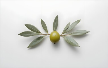 Vibrant green olive with elegant leaves symmetrically arranged on a clean white background, symbolizing freshness.