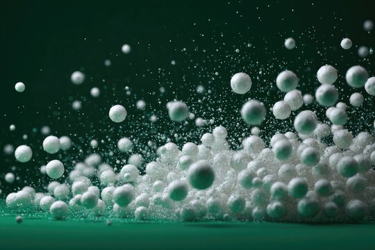 White spheres explode and cascade against a dark teal backdrop