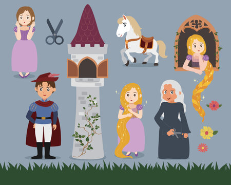 Rapunzel Princess and Prince with Tower and Witch Illustration Set