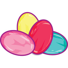 Cluster Of Four Colorful Oval Shaped Jelly Beans With A Pink Purple Yellow And Teal Hue Piled Together On A White Background