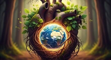 Stunning Earth globe nestled in a tree's heart, surrounded by vibrant green leaves in a mystical forest, a symbol of nature's love and care
