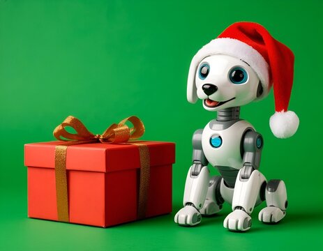 santa claus with gifts,Greeting card with a cheerful high-tech robot dog in a red Santa hat near a large box with gifts for Christmas, a place for text