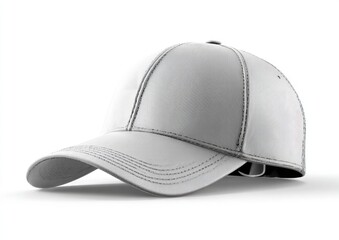 A blank, white baseball cap, angled to the right, sits against a white background. Stitching details are visible around the brim and at the crown