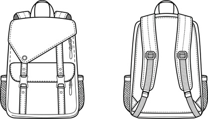 Backpack technical flat sketch front and back view, fashion accessory template, bag design illustration, product construction drawing, travel casual backpack design