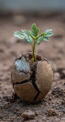 A small sprout emerges from a cracked, earth-toned sphere, resting on soil.  The sphere appears weathered and aged