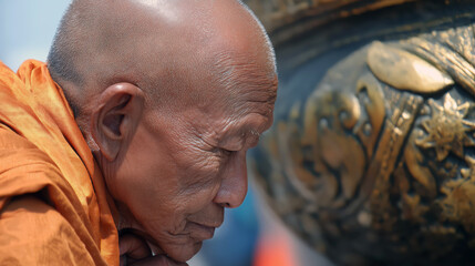 An elderly Thai monk in an orange robe meditates quietly in front of a golden temple statue. The scene captures his focused expression and the tranquil environment of the temple