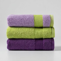 Three stacked towels in shades of lavender, lime green, and plum.  A thin lime green border accents each towel