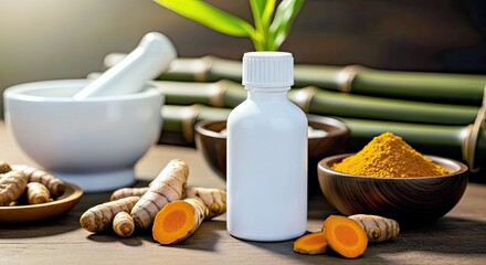 Traditional Supplement: Turmeric Root Powder Bottle With Mortar and Pestle on Wooden Surface
