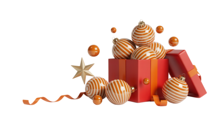 Festive red gift box overflowing with golden striped christmas ornaments and a shimmering star isolated on transparent background