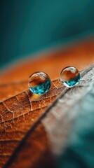 Two water droplets, crystal clear, resting on a leaf's surface.  Reflections of the surroundings within the spheres.  Warm autumnal colors of the leaf