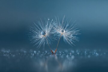 Delicate dandelion seeds, water droplets, soft blue backdrop