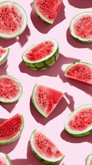Fresh watermelon slices arranged in a pattern on a pink background