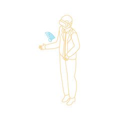 Full Body Outline Of A Person Wearing Virtual Reality Headset Interacting With A Blue Digital Interface On A Transparent Background