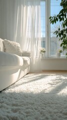 Sunlight streams into a bright, airy living room with a white couch, sheer curtains, and a fluffy rug